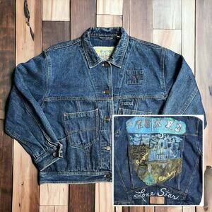 VINTAGE Sharpshooters Denim Trucker Jacket Handpainted OOAK Texas Size Medium